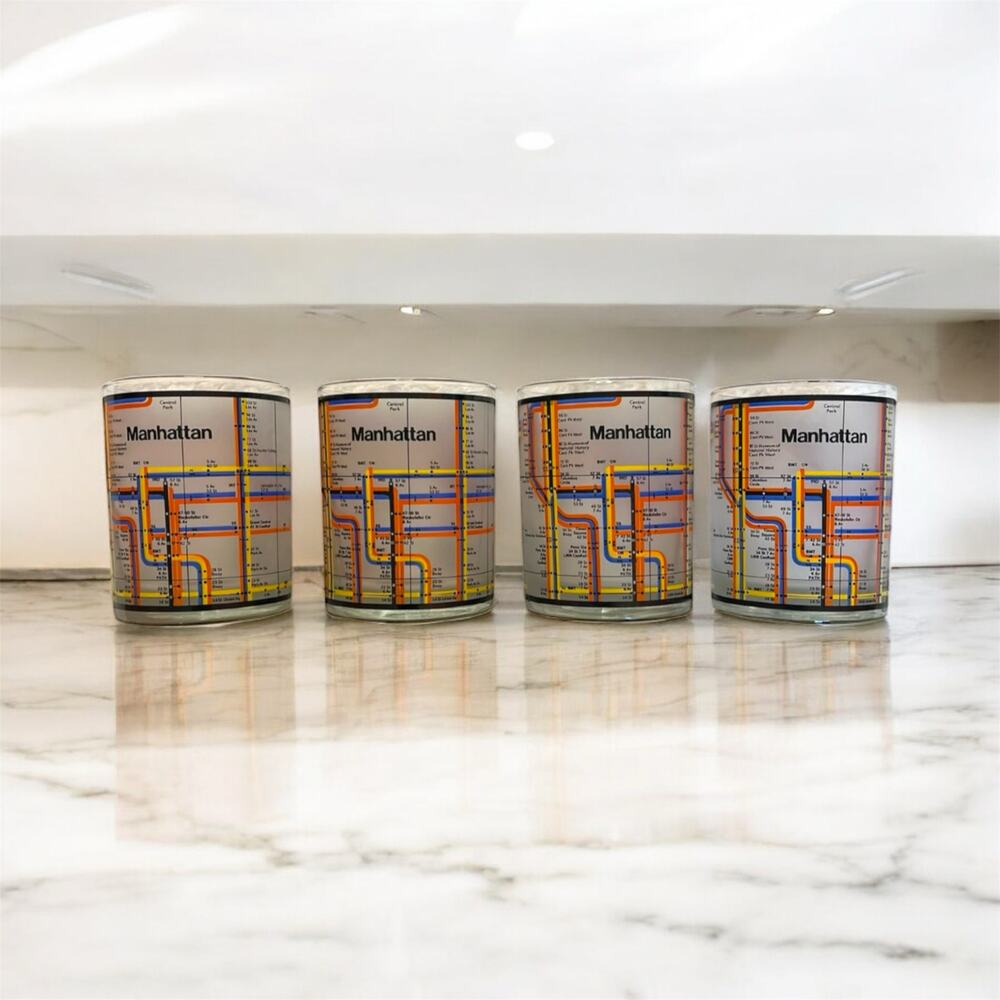 4 RARE BILL BLASS New York City Subway Manhattan Map‎ Whiskey Bourbon Glasses